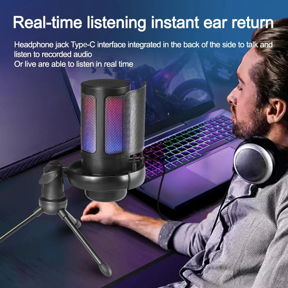 USB Condenser Gaming Microphone For PC Computer Laptops With Pop Filter Shock Mount Gain Control Noise Reduction Microphones