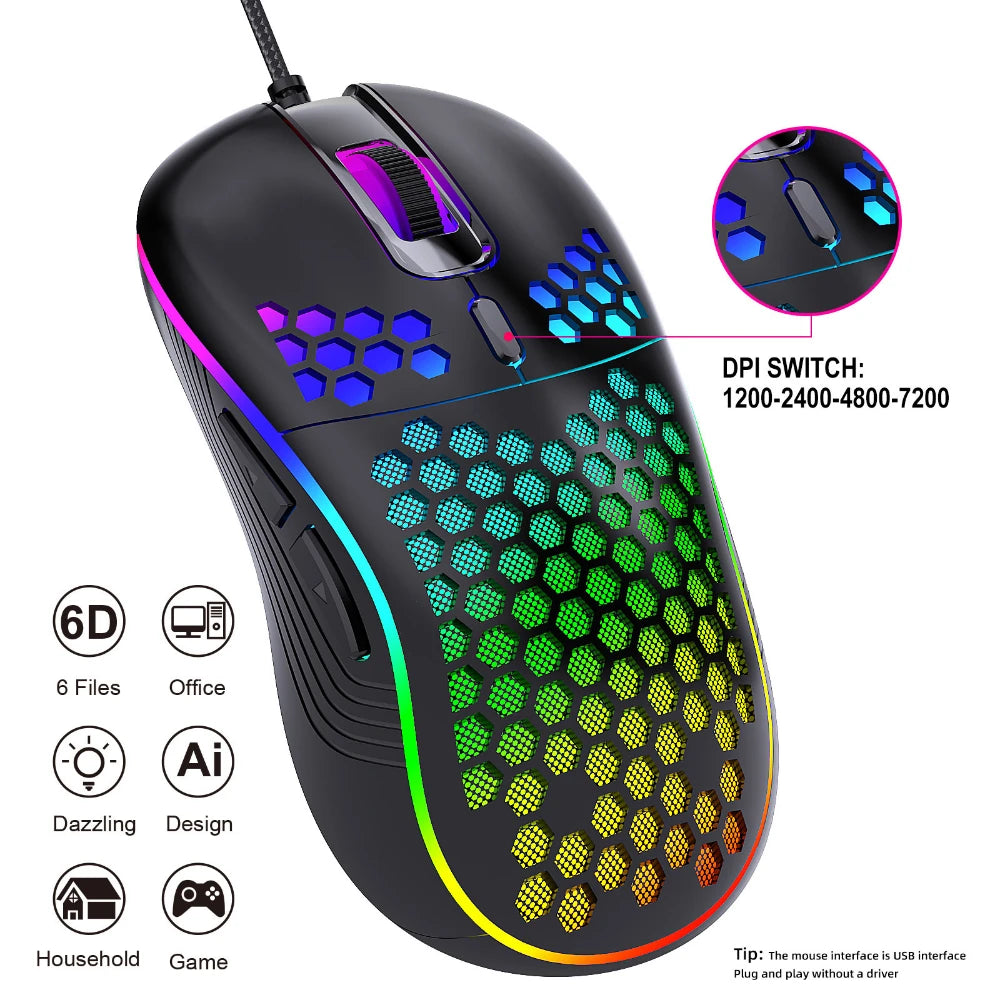 Wired Gaming Mouse RGB Computer Mouse Gamer USB 6 Buttons 7200DPI Honeycomb Ergonomic Game Mause With LED Backlit For PC Laptop