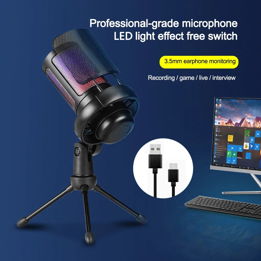 USB Condenser Gaming Microphone For PC Computer Laptops With Pop Filter Shock Mount Gain Control Noise Reduction Microphones